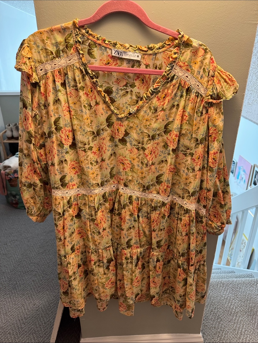Zara Yellow Floral Lace-Trim Peasant dress
